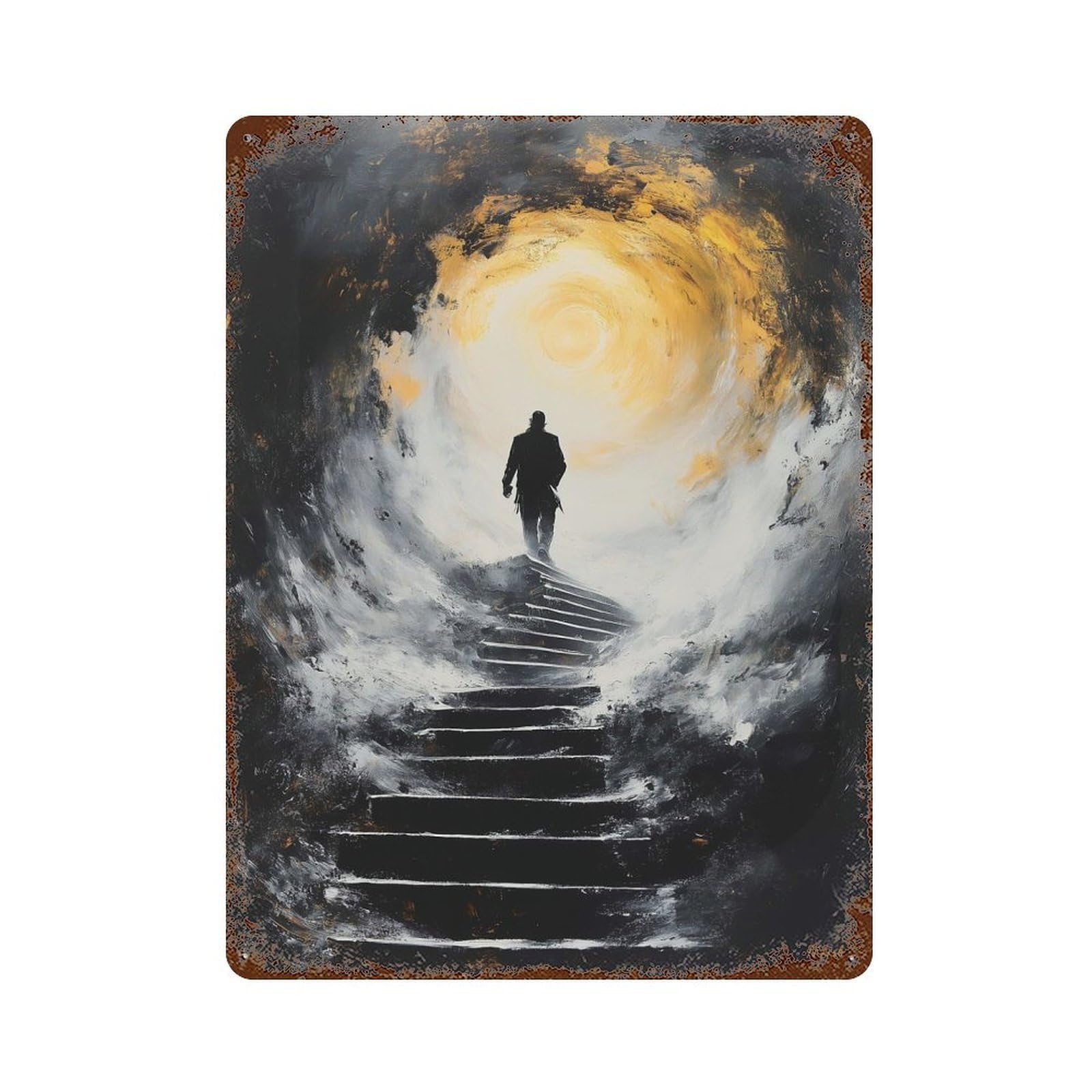 Rust Effect Ascend Into Light – Mystical Journey Upward Into The Unknown Weathered Tin Sign 15.7"x11.8", Retro Wall Decor for Garage, Bar And Workshop Decor