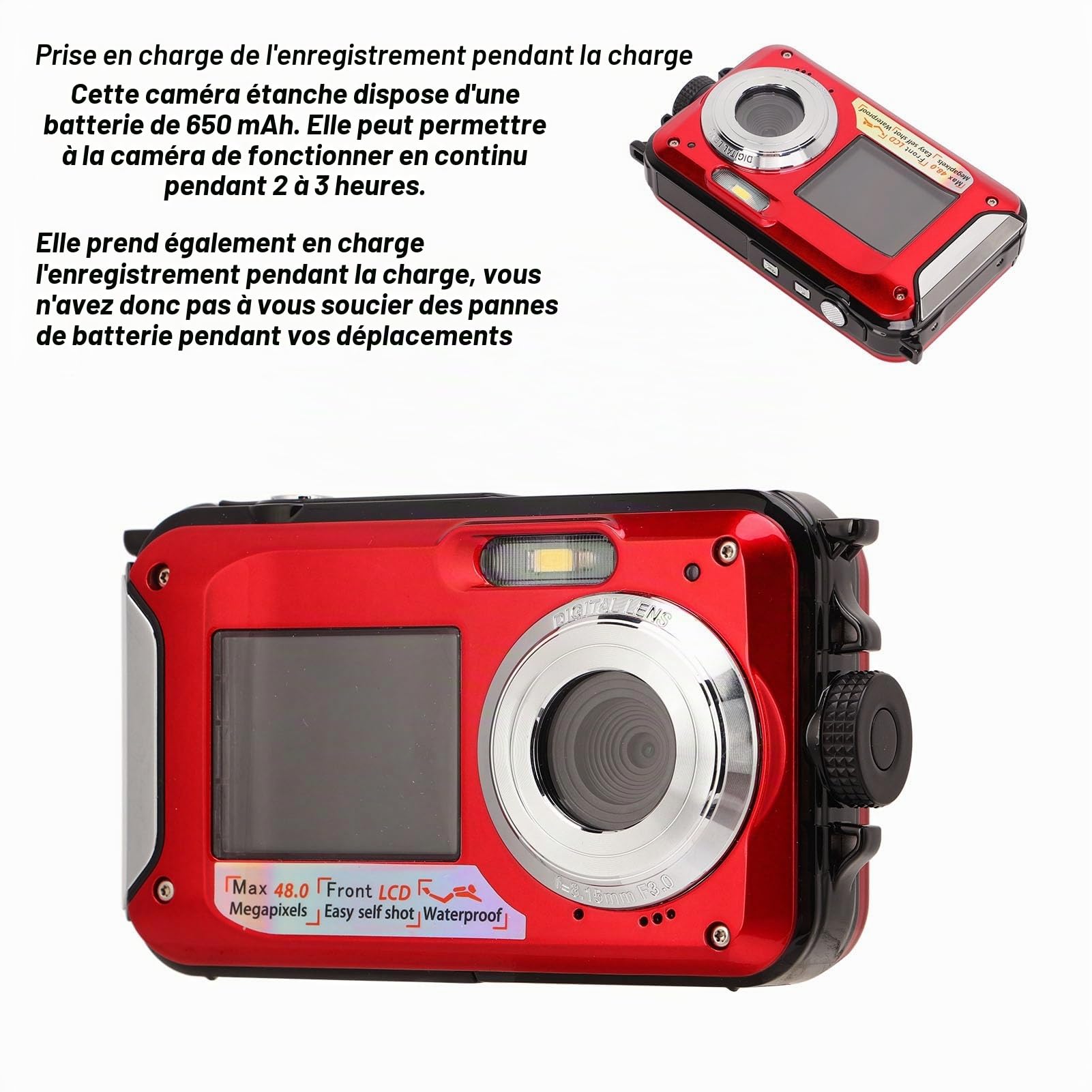 Appareil Photo Numérique Sous-Marin étanche 2.7K Full HD 48MP 10ft, Double écran Zoom 16X avec Enregistreur Vidéo (Rouge)
