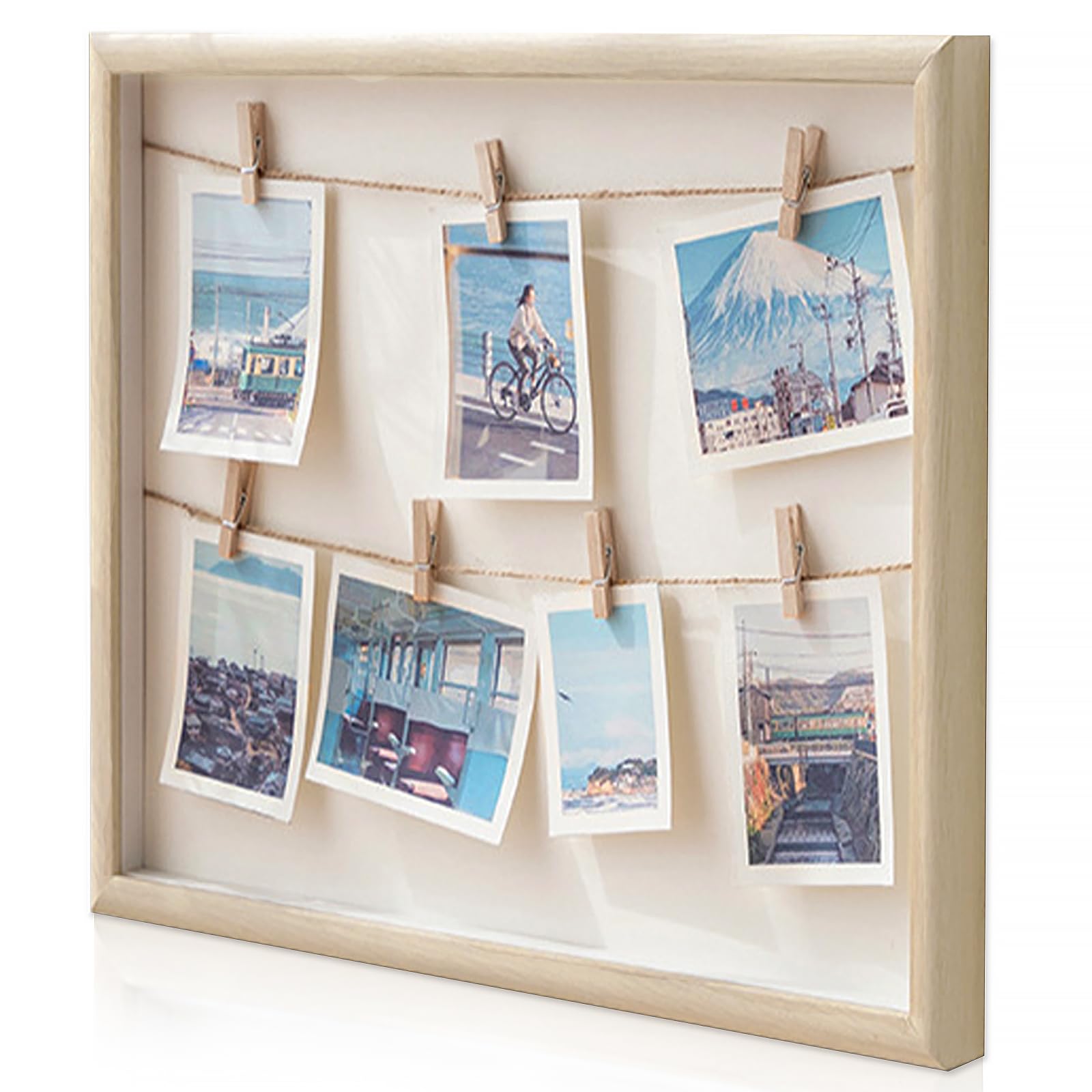 Bois Pele Mele Porte Photo Mural avec 2 Suspension Cordes et 7 Pinces, Cadre Images Collage Décoration Maison
