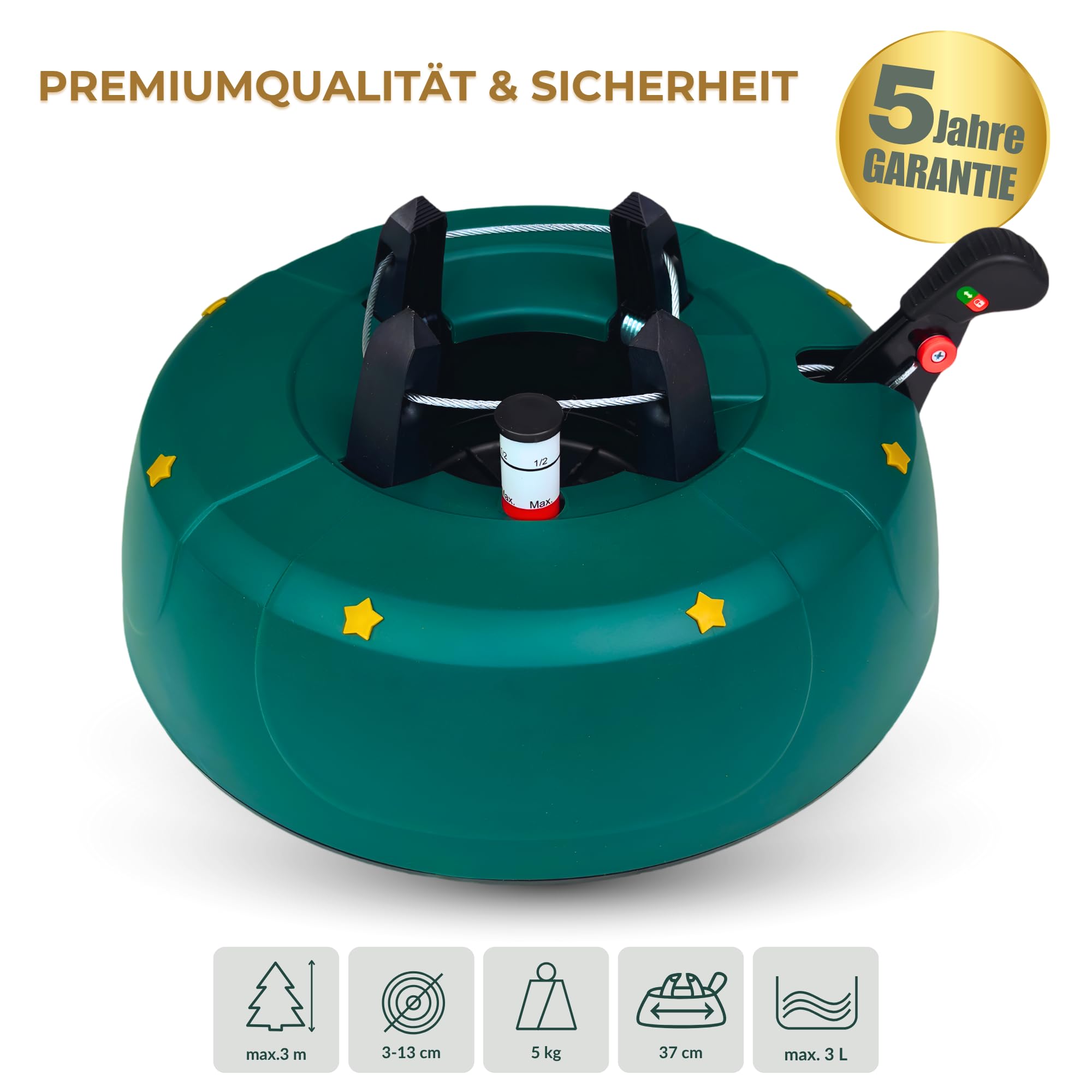 Stabiler Christbaumständer für Baumhöhe bis 3m, mit Fußpedal und Einseiltechnik, inkl. 3L Wassertank, Weihnachtsbaumständer mit Sicherheitssystem, Grün (Matt) – Kamai Start 3.0