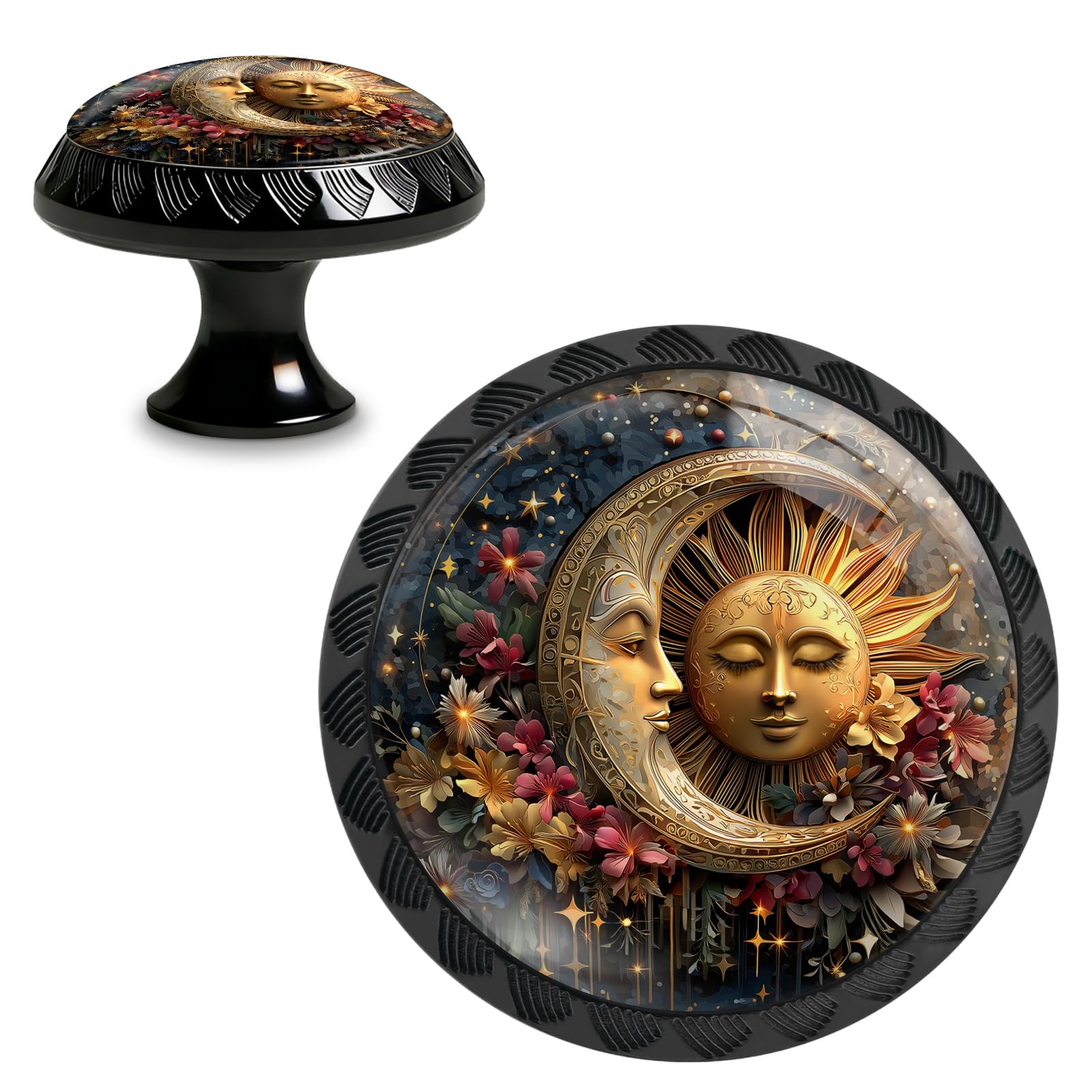 Yiruhe 4 Pack Sun and Moon Floral Sign Kitchen Cabinet Knobs Crystal Glass Round Drawer Pulls for Dresser Cupboard Door Handles