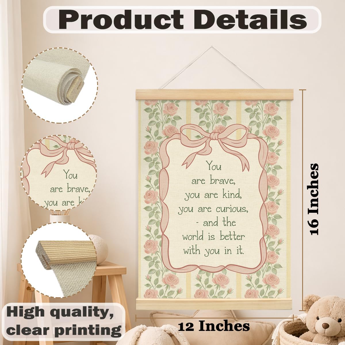Positive Affirmations Wall Decor for Girls Room Nursery Playroom | Pink Bow Poster Hanger Frame Wall Art for Toddler Baby Little Girls Bedroom,12x16 In