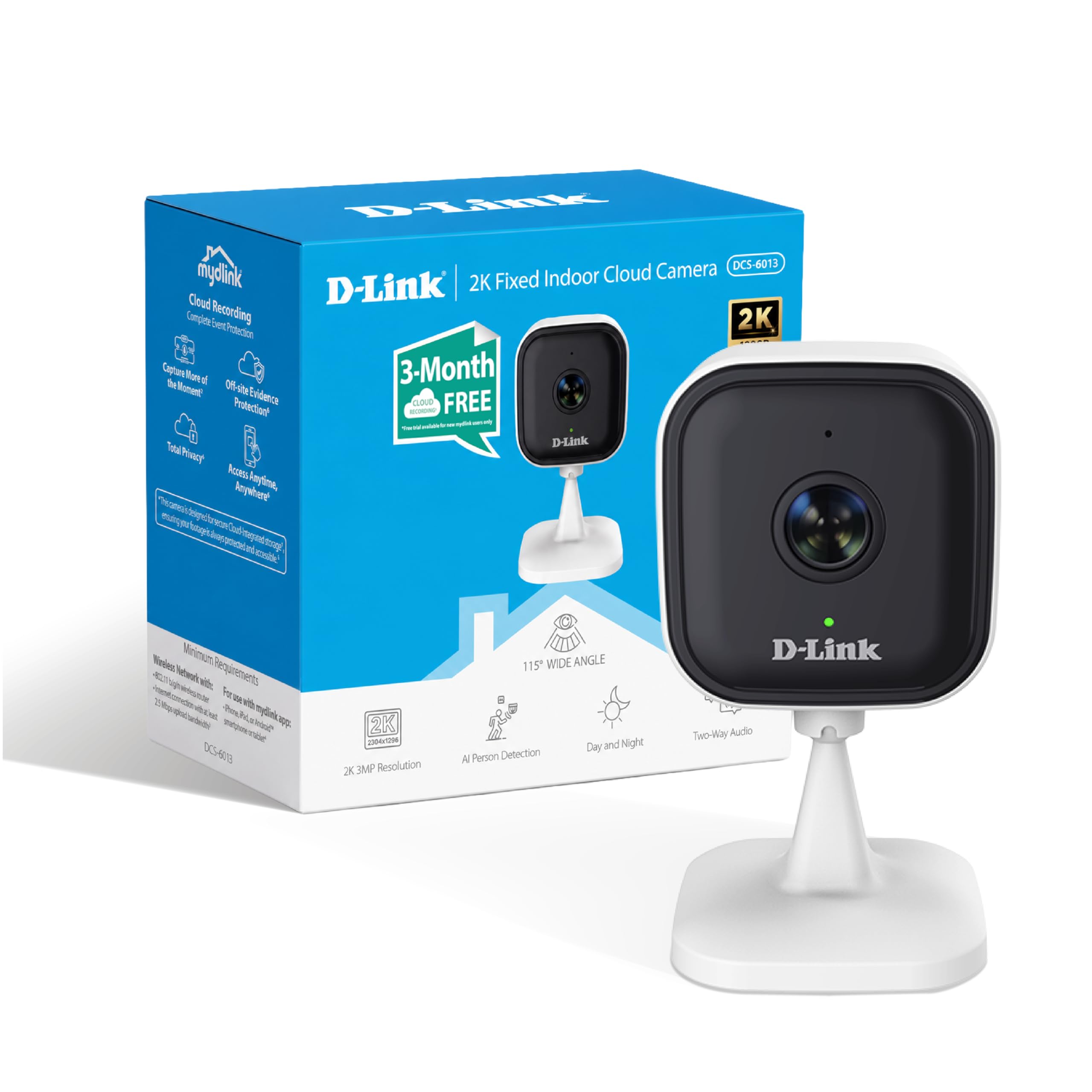 D-Link DCS-6013 Telecamera Wi-Fi Interna 2K, Telecamera di Sicurezza 3MP con Rilevamento Persone AI, Visione Notturna, Audio Bidirezionale, Alexa e Google