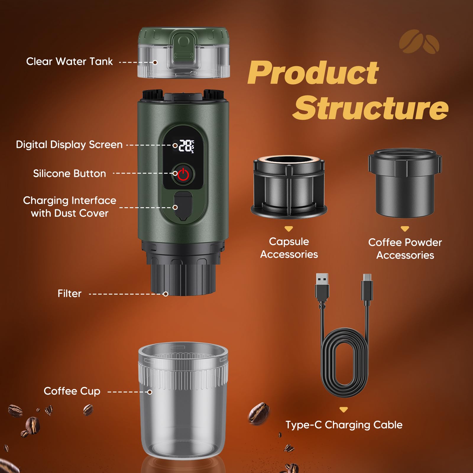 Machine à café portable 2 en 1 avec batterie 7650 mAh, pression de 20 BAR, extraction chaude/froide, pour dosettes et café moulu, portable pour bureau, voyages et camping (vert)