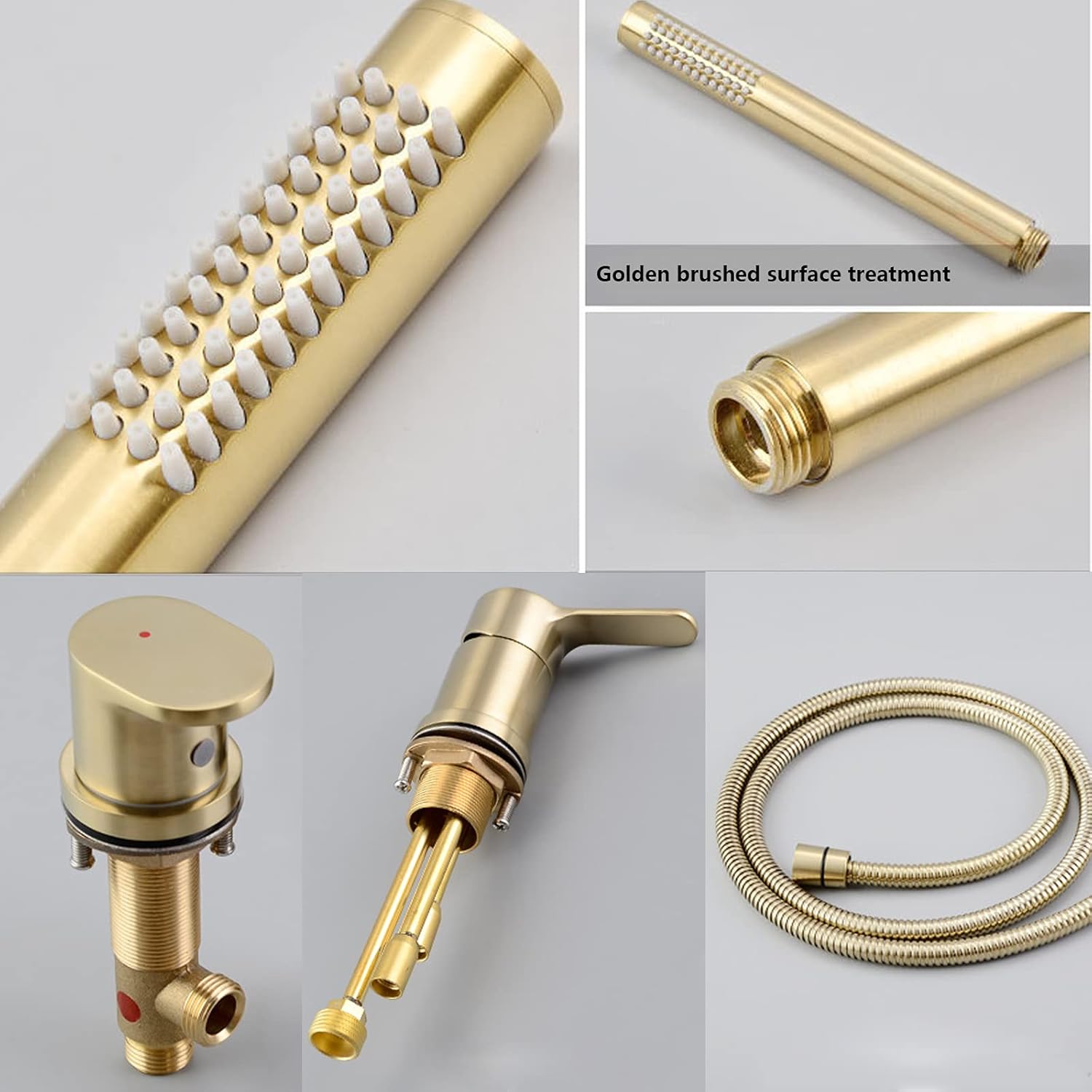 Split Bathtub Faucet, All Copper Brushed Gold Basin Faucet, Three Or Four Hole Hot and Cold Water Mixer Tap, 360°Rotation Bathroom Faucet Set with Portable Shower,A (Color : A)