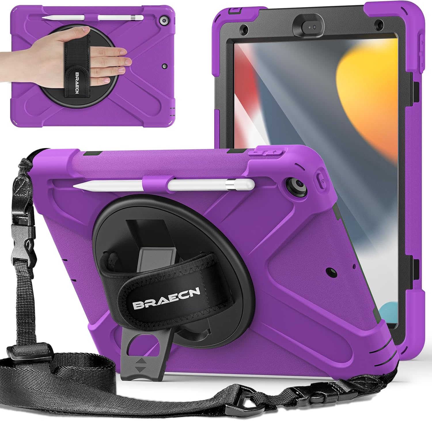 BRAECNstock for Apple iPad 9th/ 8th/ 7th Generation Case 10.2" Shockproof Protective Kids Case with Screen Protector, Pencil Holder, Rotating Stand+Hand Strap, Shoulder Strap, Purple