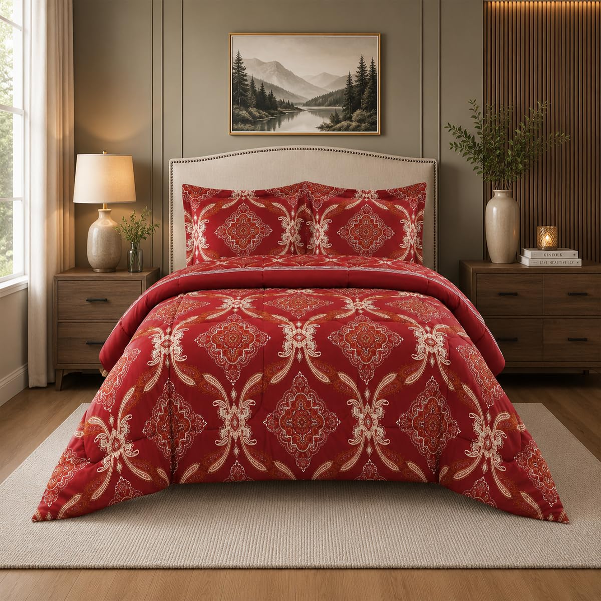 Trendy Printed Double Bedspread Burgundy with Matching Pillow Shams Microfiber Front and Reverse 300GSM Polyester Filling Ideal Bed Throw for All Seasons
