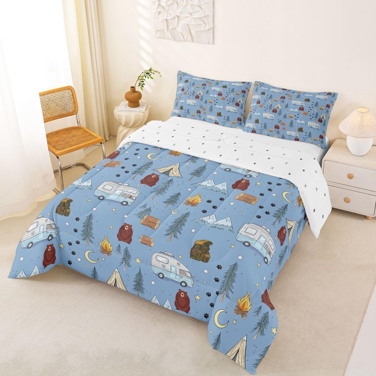 Homewish Cartoon Tents Camp Camper Comforter Set Full Size,Camping Picnic Bedding Sets 3Pcs for Kids Girls Boys Youth Room Decor,Woodland Bear Duvet Insert Snow Mountain Down Comforter,2 Pillowcases