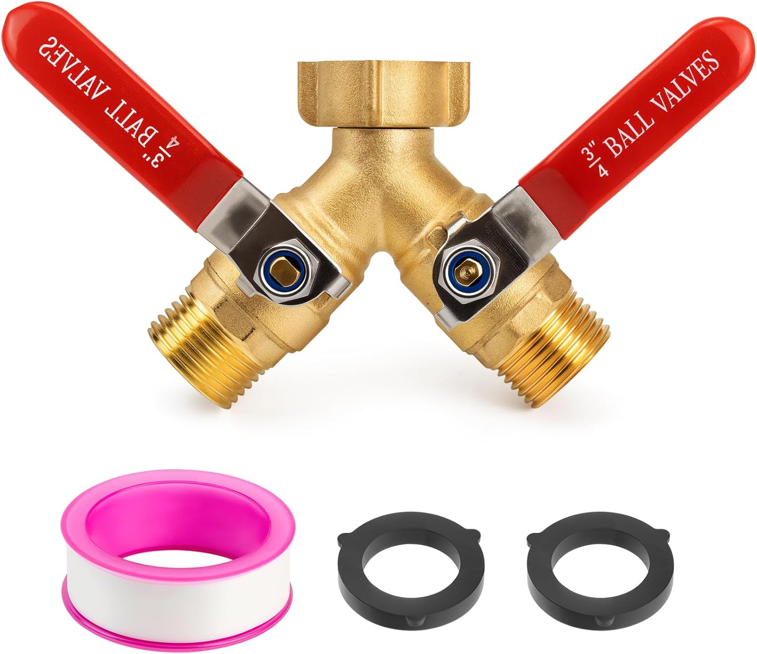 Hose Splitter 2 Way Heavy Duty - Brass Garden Hose Splitter 304 Stainless Steel Long Handles,Y Valve 3/4 Inch GHT Thread Outdoor Faucet Splitter-Full Flow Shutoff Valves 2 Washers&Teflon Tape