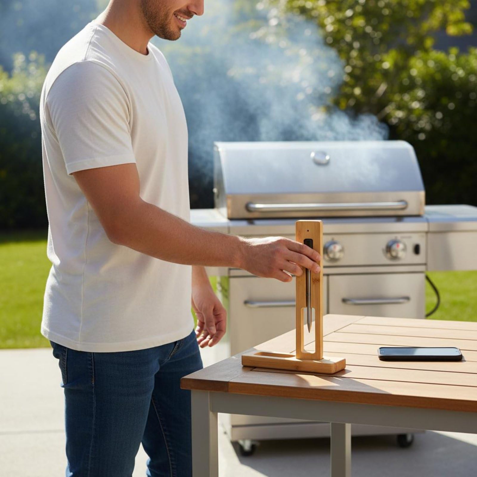 Termometro Carne Bluetooth Ricaricabile Termometro Carne con App Ricarica USB Sonda Termica Smart per Cuochi Domestici, Griglia, Sonda Lunga Singola + Modello Quadrato
