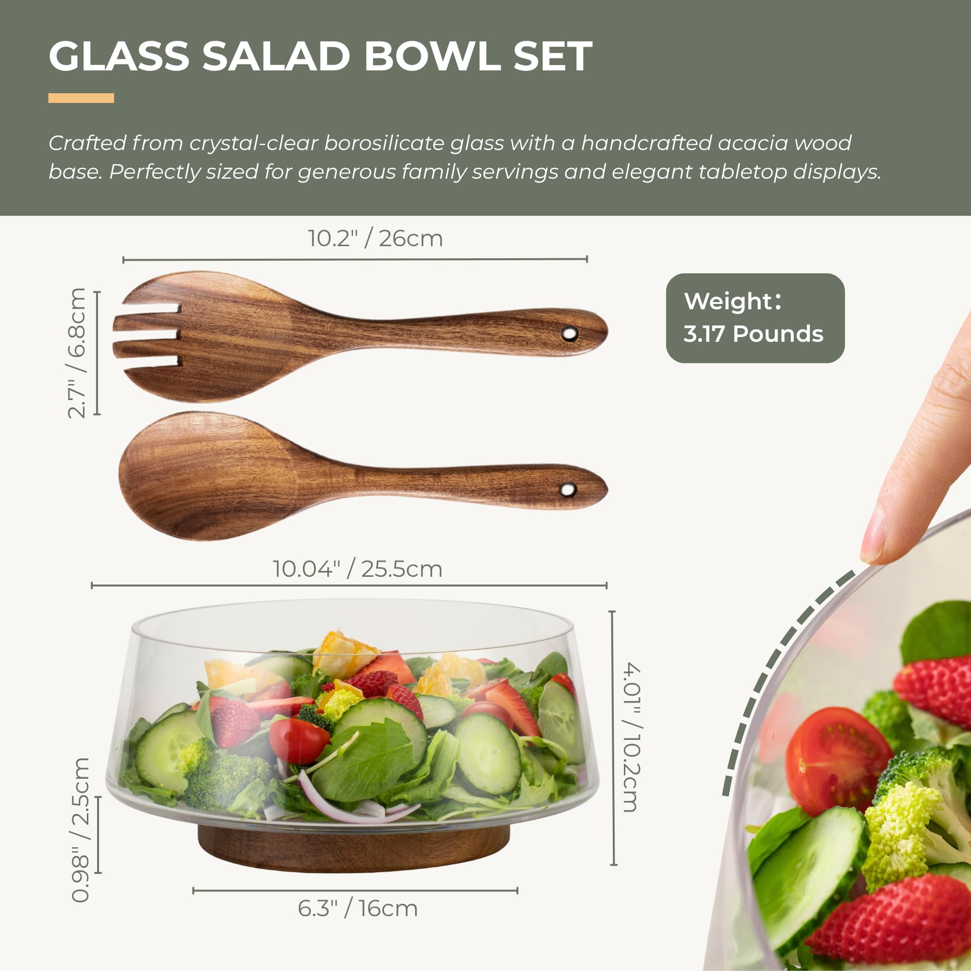 muso wood Ensemble saladier en verre de grande capacité avec base en bois d'acacia et cuillère-fourchette à salade, parfait pour les réunions de famille et les dîners