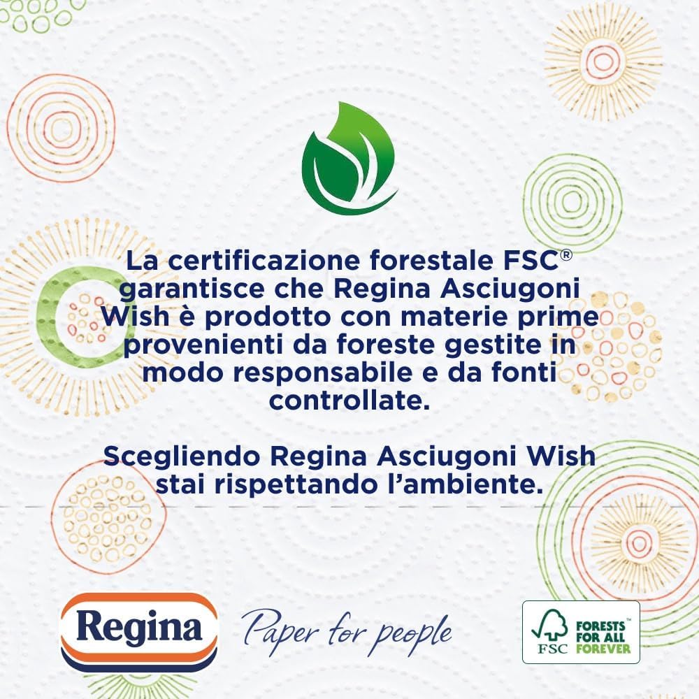 Regina Wish Carta Cucina - Confezione da 24 Rotoli, 135 Strappi per Rotoli, Fogli a misura di mano, Scegli quanto basta e sprechi di meno, Carta 100% FSC