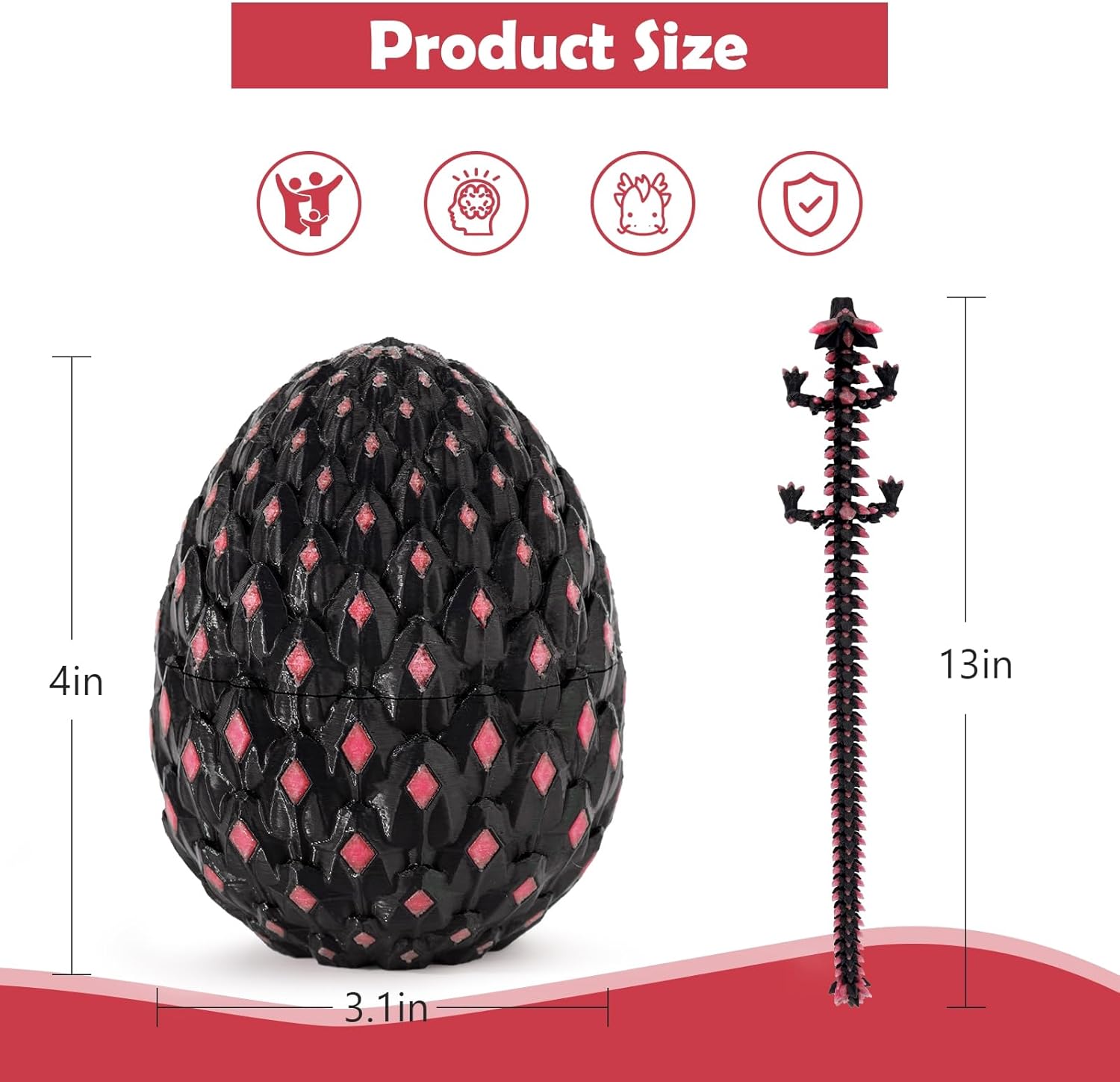 3D Printed Glow in The Dark Red Dragon with Egg – Articulated Fire Crystal Dragon Toy – 3D Printer Fantasy Collectible – Dragon Egg with Dragon Inside