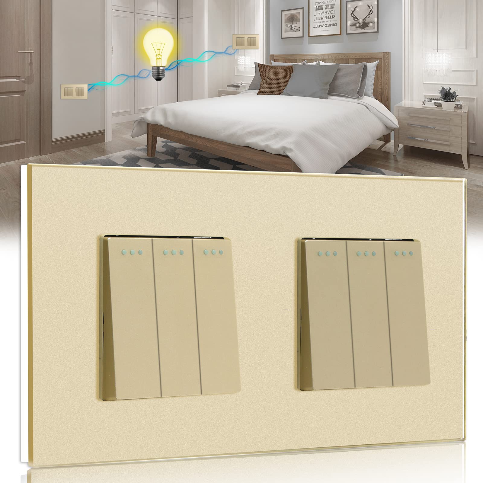 BSEED Light Switch 3 Gang 2 Way+3 Gang 2 Way Glass Light Switches Screwless 10A Rocker Tactile Wall Switch Gold Crystal Toggle Switch 146mm — image 1
