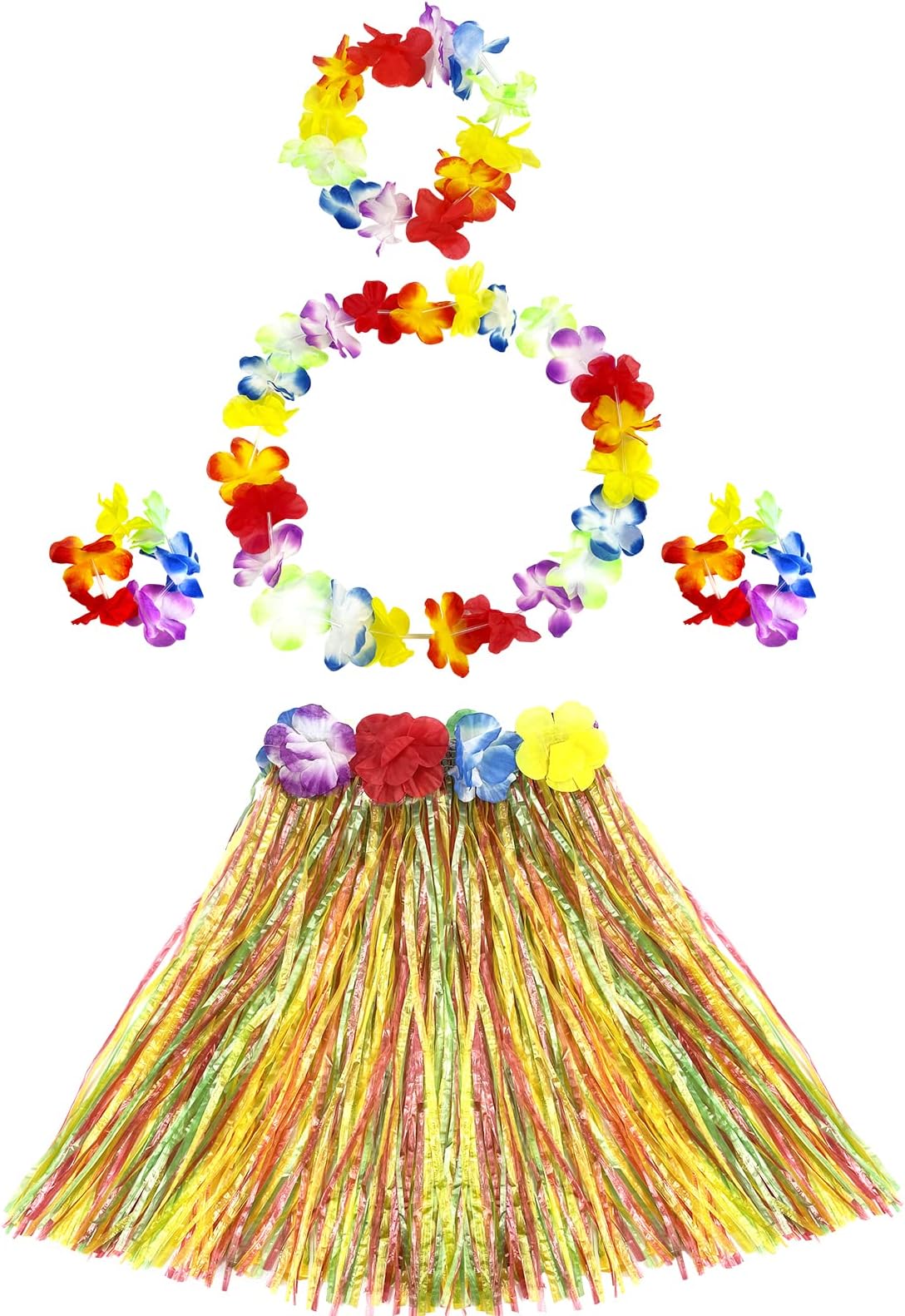 Hikkcos 5pcs Elastic Hawaiian Hula Grass Skirt for Girls Colorful Tropical Luau Flower Leis Headband Necklaces Bracelets Girls Party Supplies