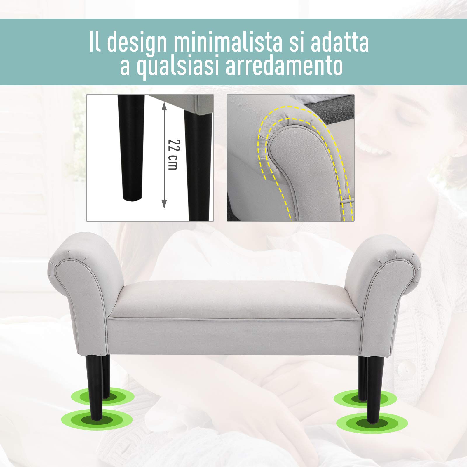 HOMCOM Panca Scarpiera Braccioli Arrotolati 102x36x51cm Grigio e Bianco | Panca Imbottita per Ingresso, Panchetta da Camera da Letto