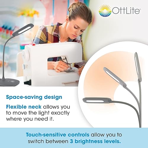 Miniatura 3 de OttLite Lámpara de escritorio LED suave al tacto, 3 ajustes de brillo con LED de luz natural de bajo consumo, cuello flexible ajustable y controles