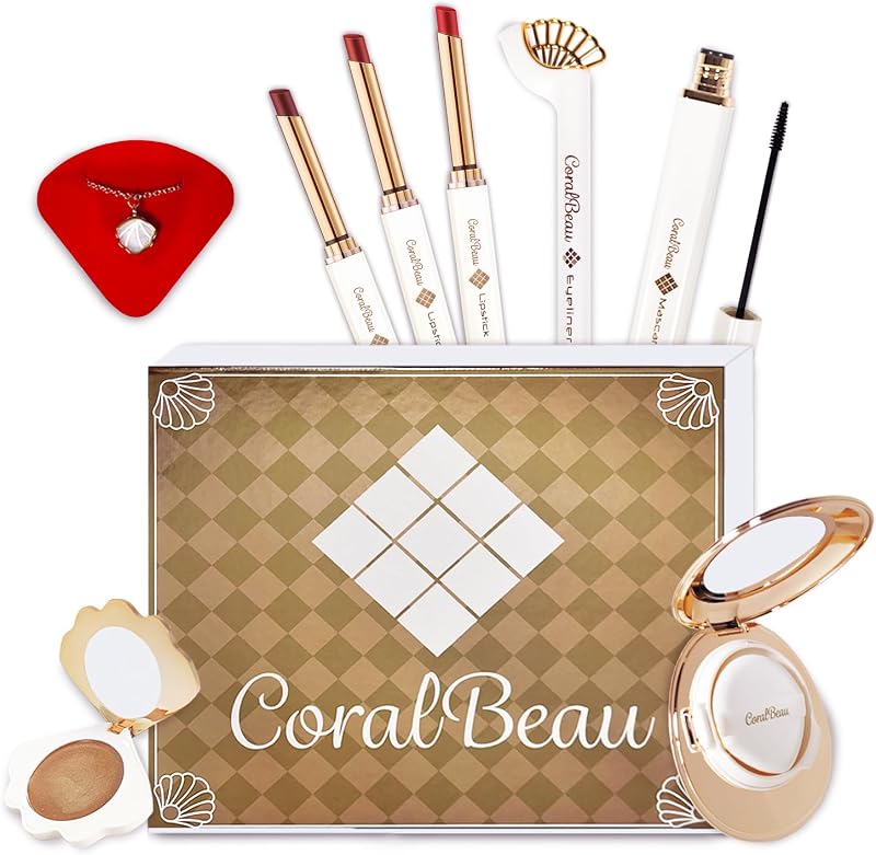 CoralBeau Makeup Kit for Teens - All in One Shell Makeup Kit with Compact BB Cream Powder, Eyeshadow Palette with Brown Shades, Eye Shadow Brush, Mascara, 3 Lipsticks, Necklace - Make Up Gift Set Box
