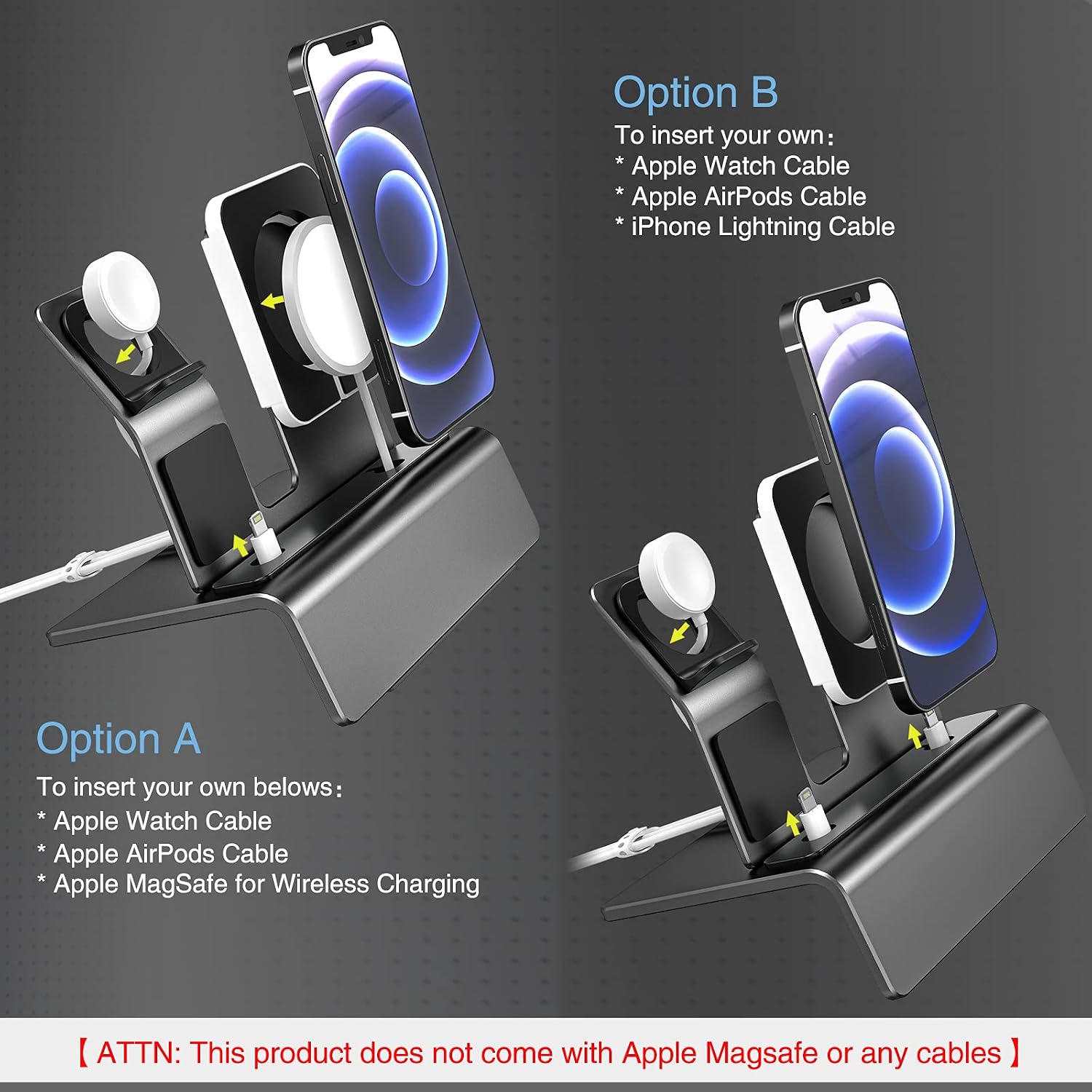 OLEBR Aluminum Charging Stand for Apple Device 3 in 1 Charger Stand Holder Compatible with Magsafe Charger iWatch Charger AirPods Pro/2/1 and iPhone Stand Holder(Charger & Cable Required)-Space Gray