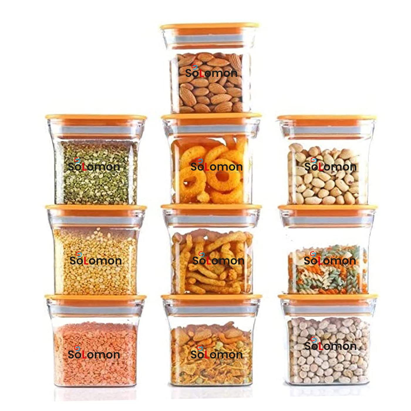 Solomon Plastic Kitchen Fridge Container Transparent Jar Airtight Food Grade Quality Product Used for Daily Storage Spices Dryfuit Tea Salt 600ml (Pack of 10 Orange)