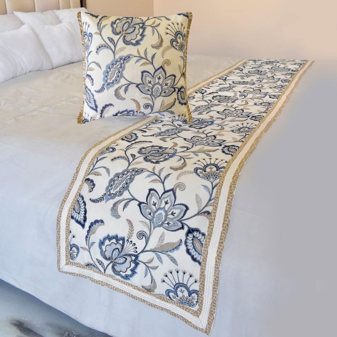 The HomeCentric King/Queen/Twin Blue Designer King 90"x18" Bed Runner with 2 Pillow Cover, Floral, Embroidered, Jute Lace & Lace Bed Scarf on Cotton Fabric - Morning Glories