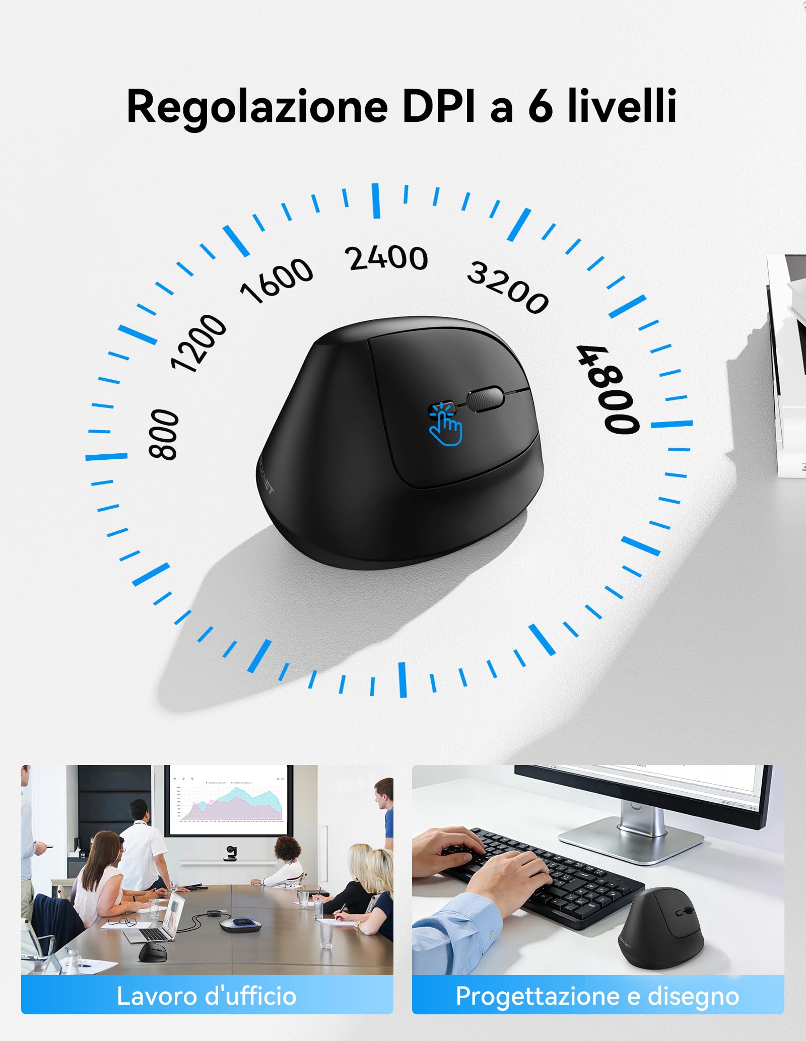 TECKNET Mouse Ergonomico, Mouse Verticale Senza Fili Ricaricabile con 3 Porte Dispositivi (BT 5.0/3.0+2.4GHz), 4800 DPI a 6 Livelli Regolabili, Scatto Silenzioso per Laptop, Desktop, PC, Macbook