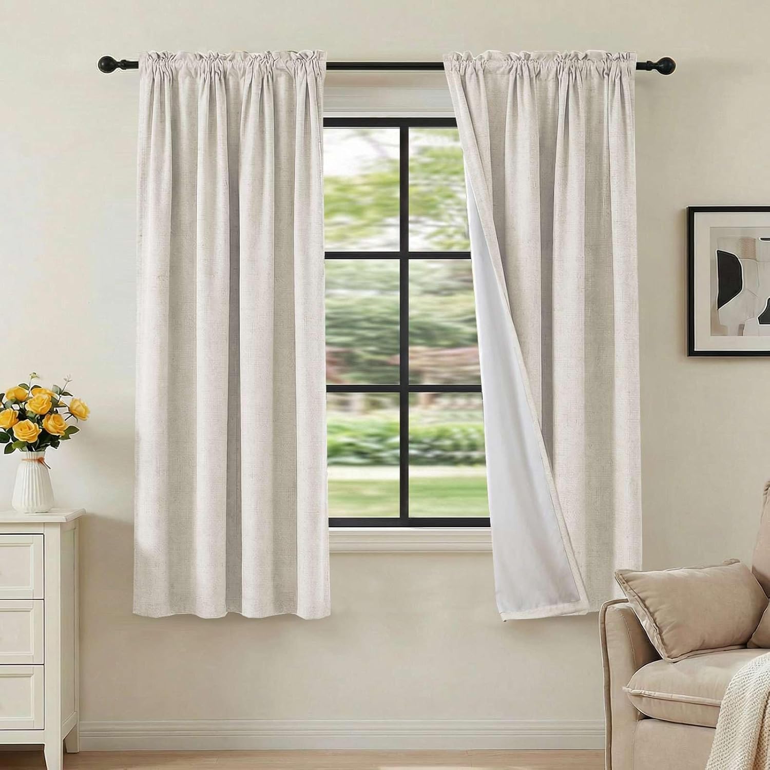 H.VERSAILTEX Linen Look 100% Blackout Curtains 63 Inches Long for Bedroom Full Light Blocking Rod Pocket 42 Inches Wide Linen Textured Thick Window Curtain Drapes with White Backing, Ivory, 2 Panels