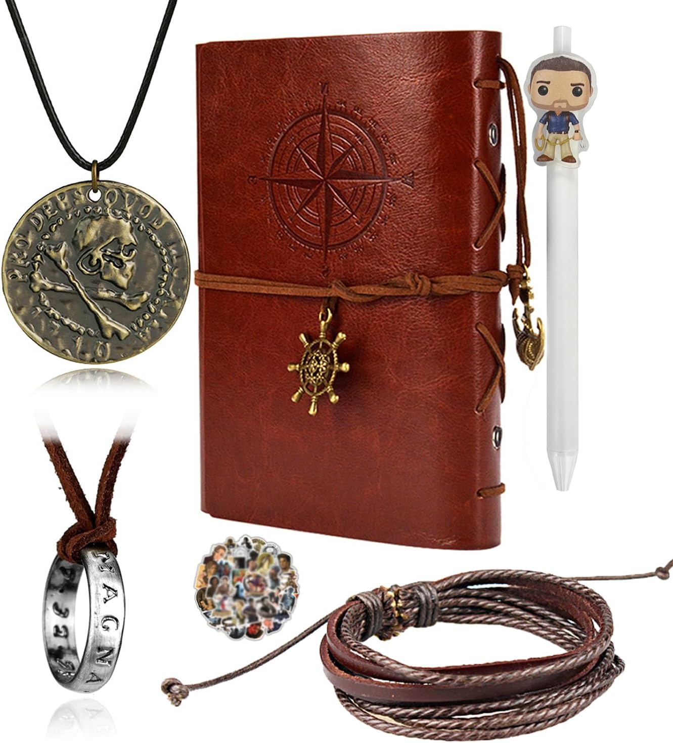 YouU 30 pcs Uncharted 4 Jewelry Set Drake Engraved Skull Bronze COIN Necklace Ring Necklace Handmade Leather Bracelet Leather Writing Journal Notebook with Pen Movie Stickers