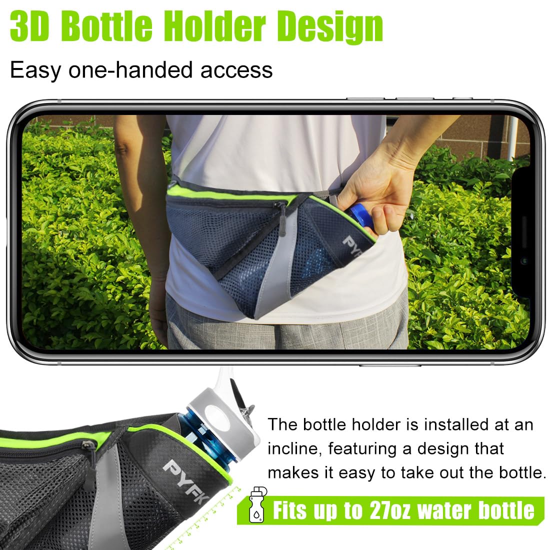 CYBERDYER Running riñonera con Soporte para Botella de Agua de hidratación cinturón para Hombres Mujeres Bolsa de Cintura Fanny Bolsa Reflectante para iPhone 6/7 Plus, Verde
