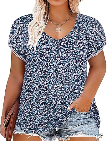 RITERA Plus Size Tops for Women Floral/Solid Color Short Sleeve V Neck with Ring Hole Summer Tshirt XL-5XL