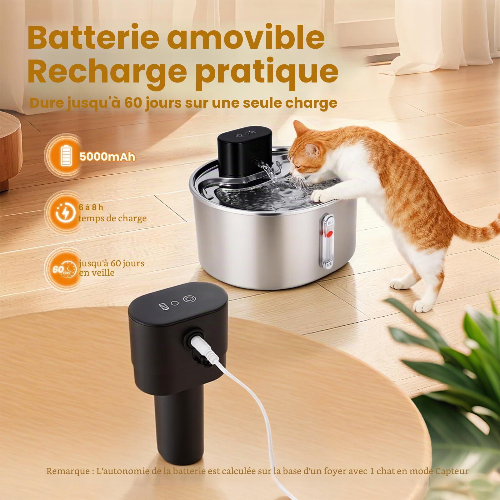 3.2L Fontaine a Eau Chat sans Fil INOX, Fontaine a Eau Chat Detecteur de Mouvement, Batterie 5000mAh, Silencieux, Équipé d'une Fonction Anti-Séchage, pour Chats et Petits Chiens