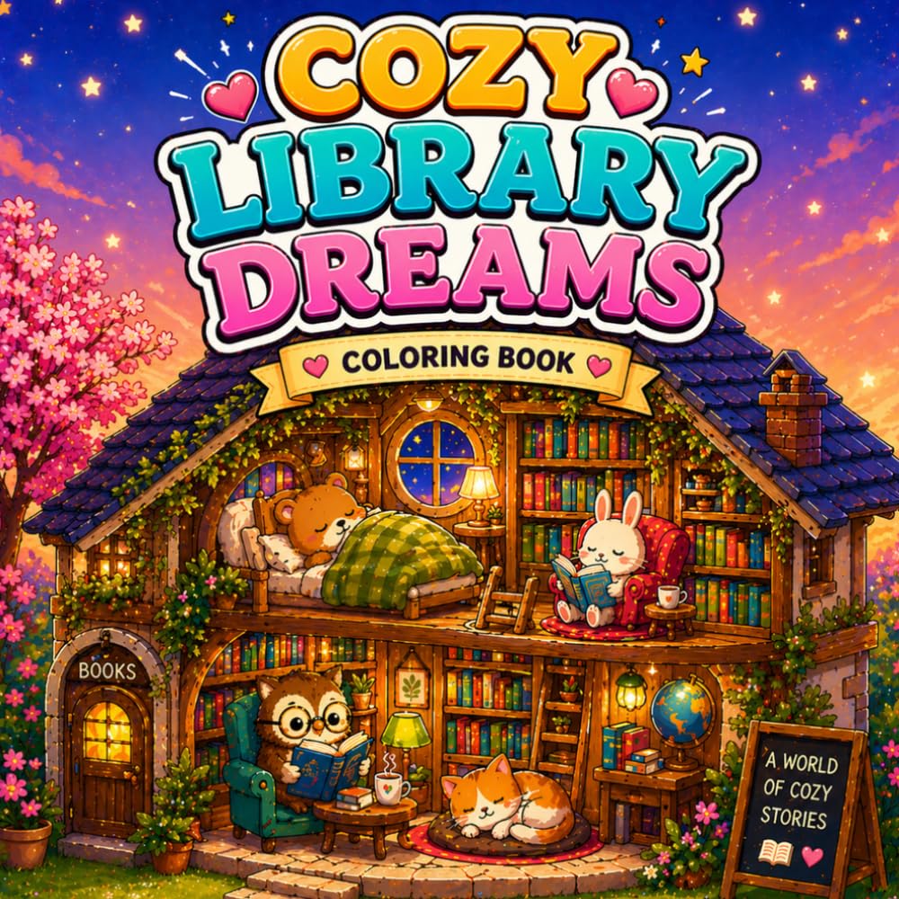 Cozy Library Dreams: A Cute and Relaxing Coloring Book Featuring Whimsical Libraries, Cozy Reading Nooks, Adorable Animals, and Stress-Relief Fantasy Scenes for Adults and Teens