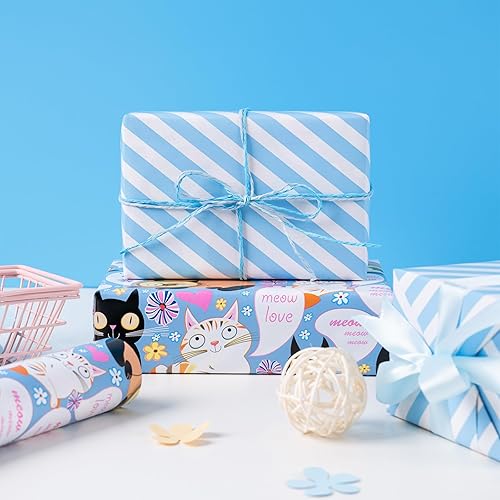 Vista 417 de WRAPAHOLIC Papel de regalo reversible, mini rollo, 17 pulgadas x 33 pies, adorable diseño de gato y azul sólido para cumpleaños, vacaciones