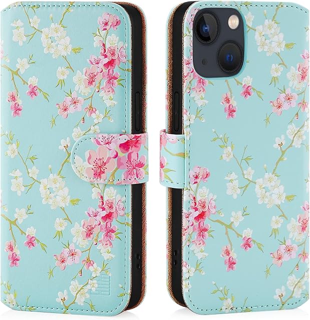 32nd Floral Series 2.0 - Design PU Leather Book Wallet Case Cover for Apple iPhone 13 (6.1"), Designer Flower Pattern Wallet Style Flip Case With Card Slots - Spring Blue