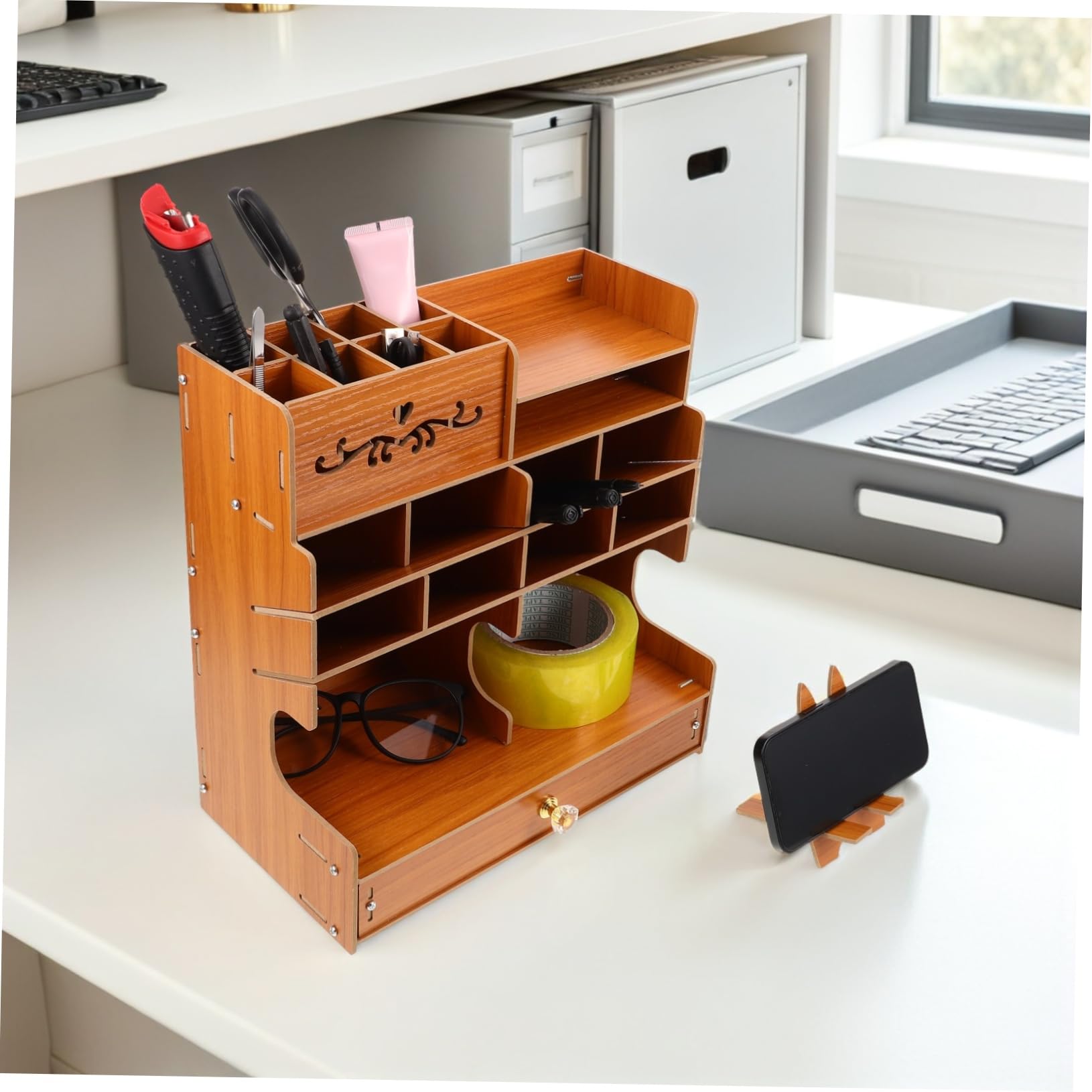 Veemoon Portalápices de Madera de Gran Capacidad con Compartimentos | Base Estable, Diseño Elegante, Organizador de Papelería para Oficina y Hogar, Estructura Multicompartimento