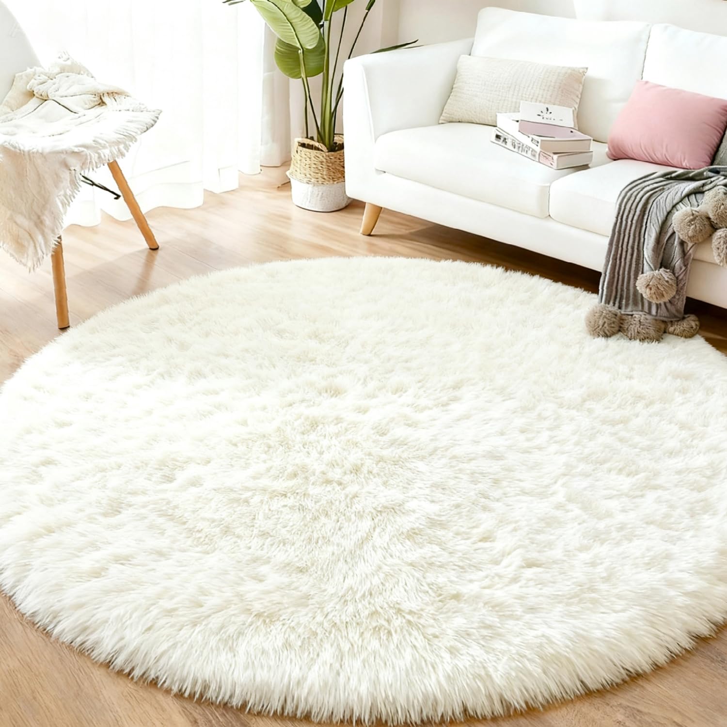 Homcomodar Hochflor Teppich Rund 120 cm Weiß Wohnzimmer Schlafzimme Teppich Flauschig rutschfest teppiche kinderzimmer Waschbar Flauschig