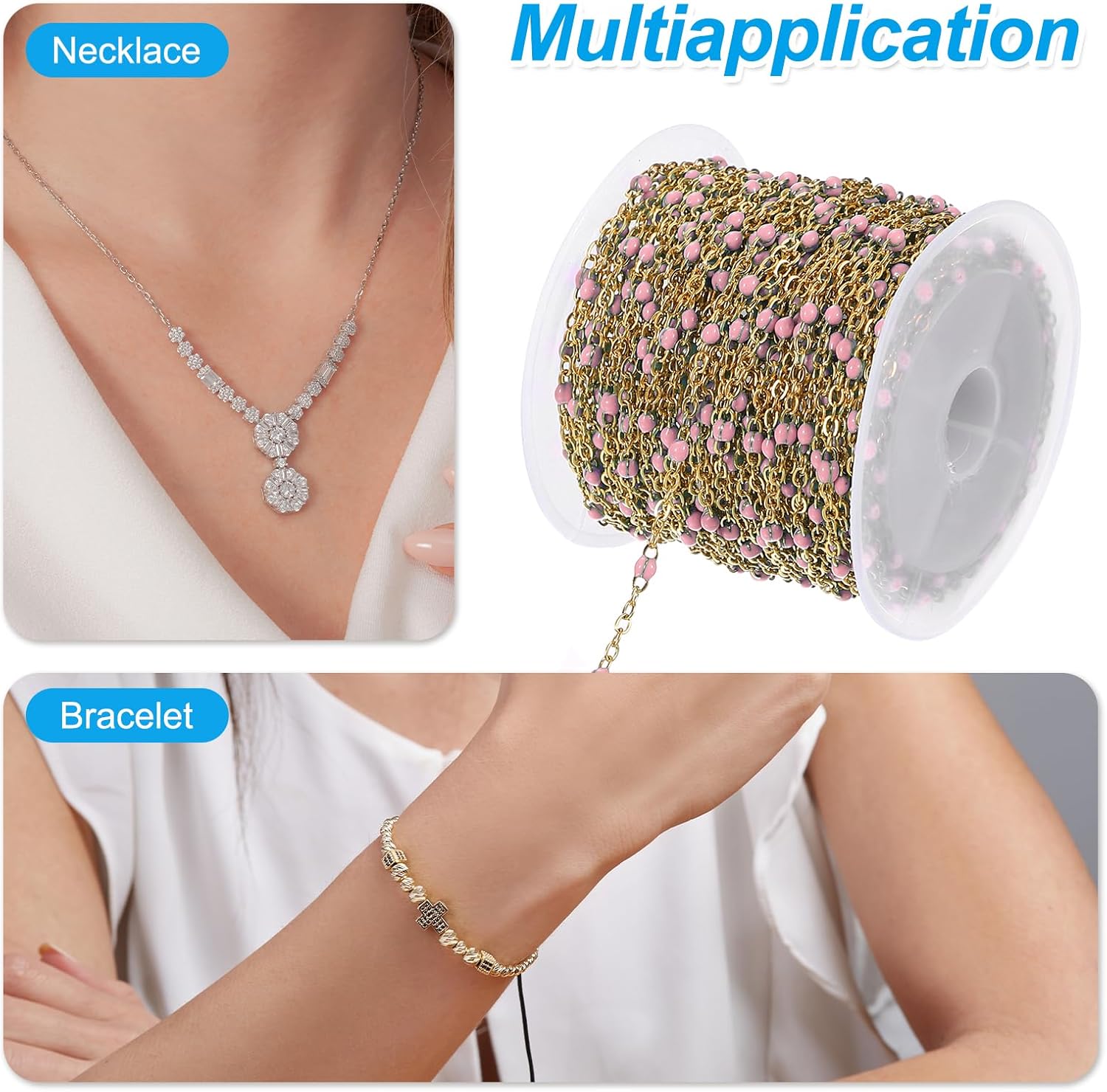 PATIKIL Stainless Steel Jewelry Chain, 33Ft 1.5mm Pink Beaded Link Cable Chains for Necklace Earring Bracelet Findings Jewelry Making Trucker Hat Chains, Gold/Pink