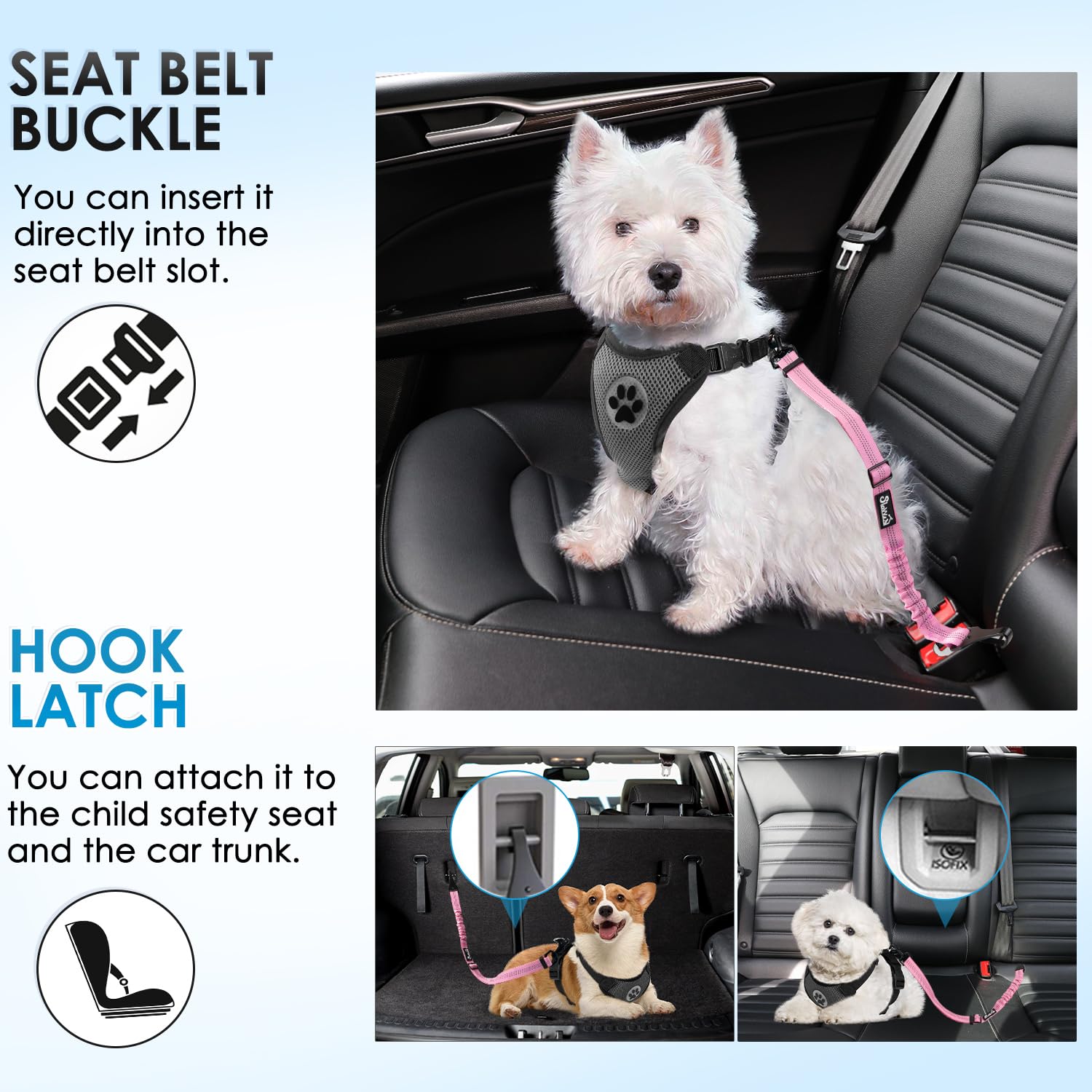 Lukovee Dog Seatbelt Leash for Cars, 2 Pack Pet Safety Seat Belt with Adjustable Buckle & Reflective Bungee, Connect Dog Harness in Vehicle Dogs Restraint Travel Daily Use (Pink) - image 3