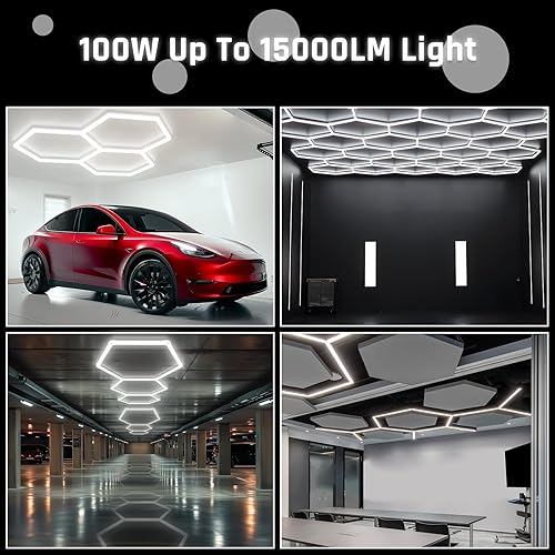 Miniatura 8 de Luz de garaje hexagonal - Luces LED hexagonales, alto brillo 566W 70750LM 6500K luces de panal súper brillantes para garaje, sótano, almacén, tienda