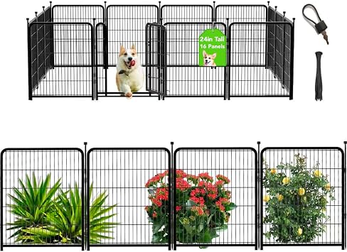 Getlay Dog Playpen 24 inchH 16 Panels Dog Fence Outdoor for Yard. Metal Dog Pen Heavy Duty Pet Puppy Exercise Pen for Rv Camping Garden Yard, Wide Door Low Threshold Dog Fence Total 31.4 FtL