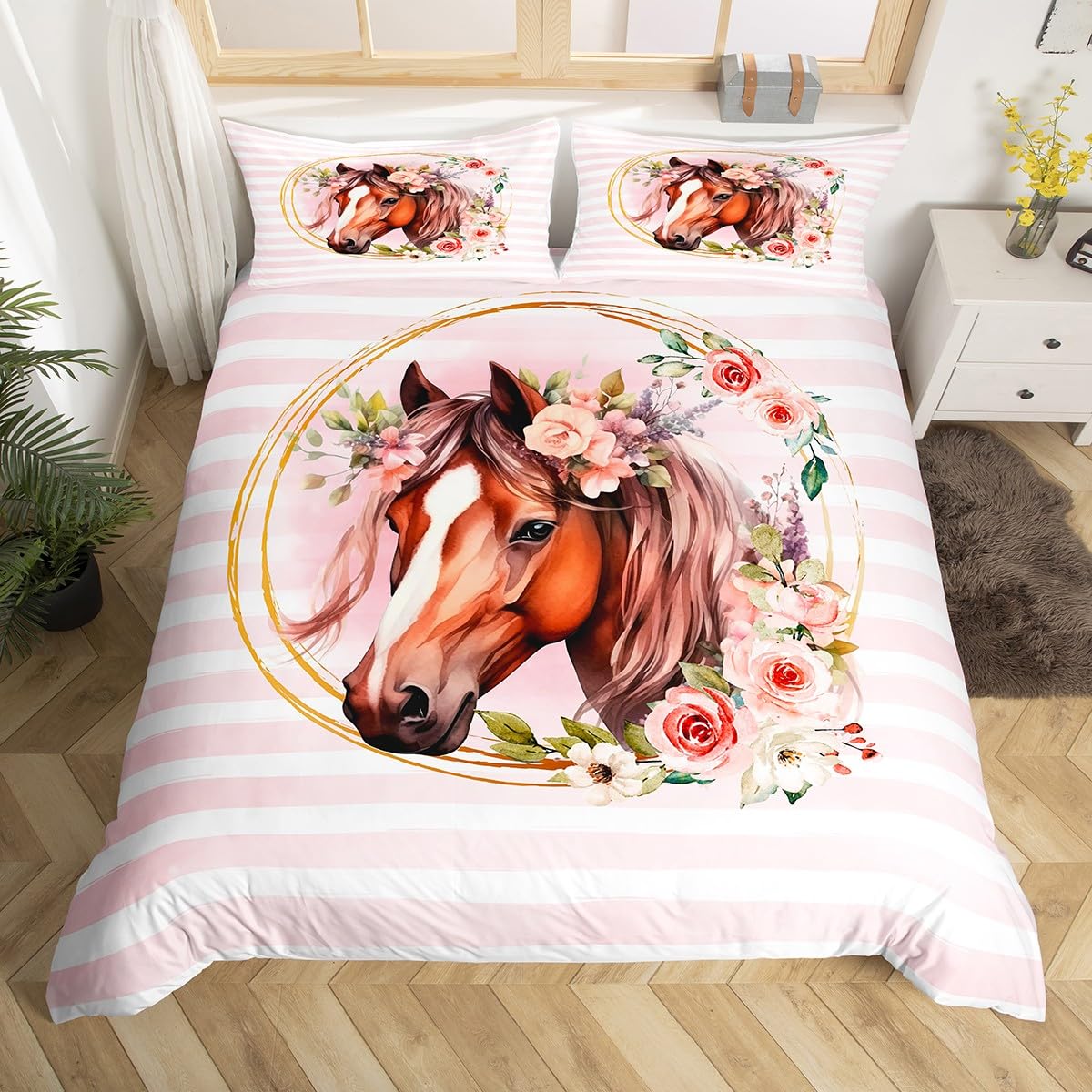 Manfei Floral Horse Duvet Cover Set Double Size, Watercolor Flower Bedding Set 3pcs for Kids Boys Girls Bedroom Decor, Pink Stripes Print Comforter Cover Animal Theme Quilt Cover with 2 Pillowcases