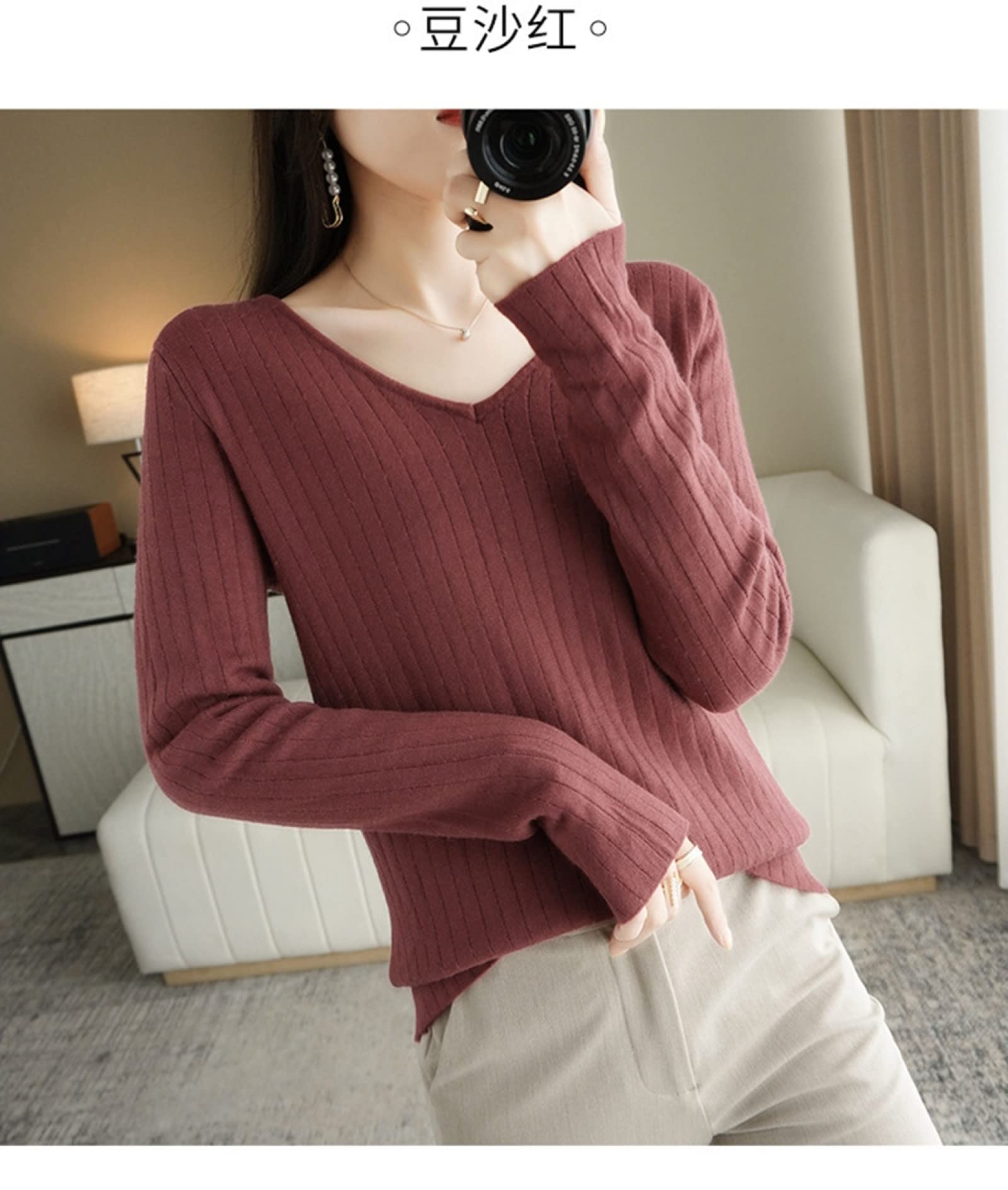 Suéter De Invierno para Mujer - Otoño/Invierno Mujer Más Suéter De Lana Gruesa Moda Suéter con Cuello En V Color Sólido De Manga Larga Forrado De Vellón Cálido Invierno Cálido Camisa De