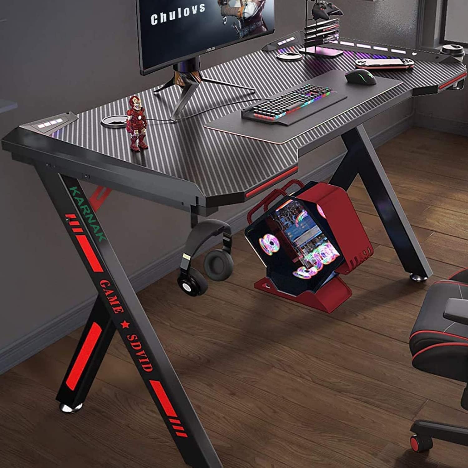 Karnak Master Gaming Desk with Remote RGB Lights PC Computer Gaming Table Y Modern Shaped Gamer Home Office Computer Desk Table with Handle Rack Cup Holder Headphone Hook Size 140x65x75 CM