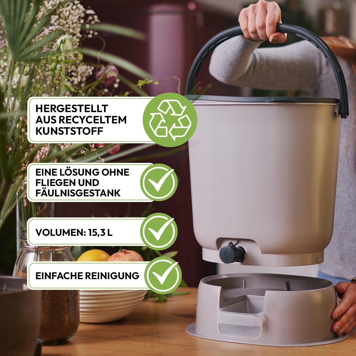 Skaza Bokashi Essential Biomülleimer Küche Set (2 x 15,3 Liter) + Base – Komposteimer Küche und Garten aus recyceltem Kunststoff – Starter Set + incl. 1 kg Fermentation Starter (Hellgrau)