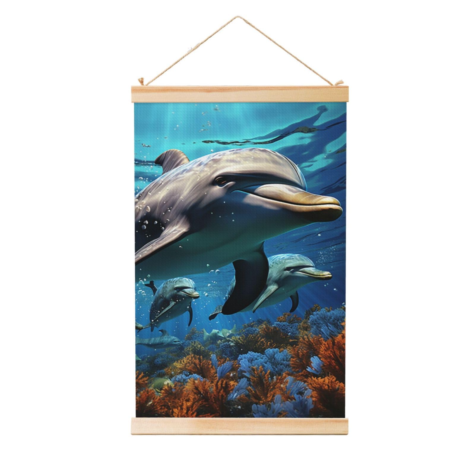 Dolphins Poster Wooden Shaft Hanging Poster Wall Hanging Banner Canvas Artwork with Wood Frames 36"x24" Modern Artwork Decor Ready to Hang Wall Art for Home Decor Scroll Painting