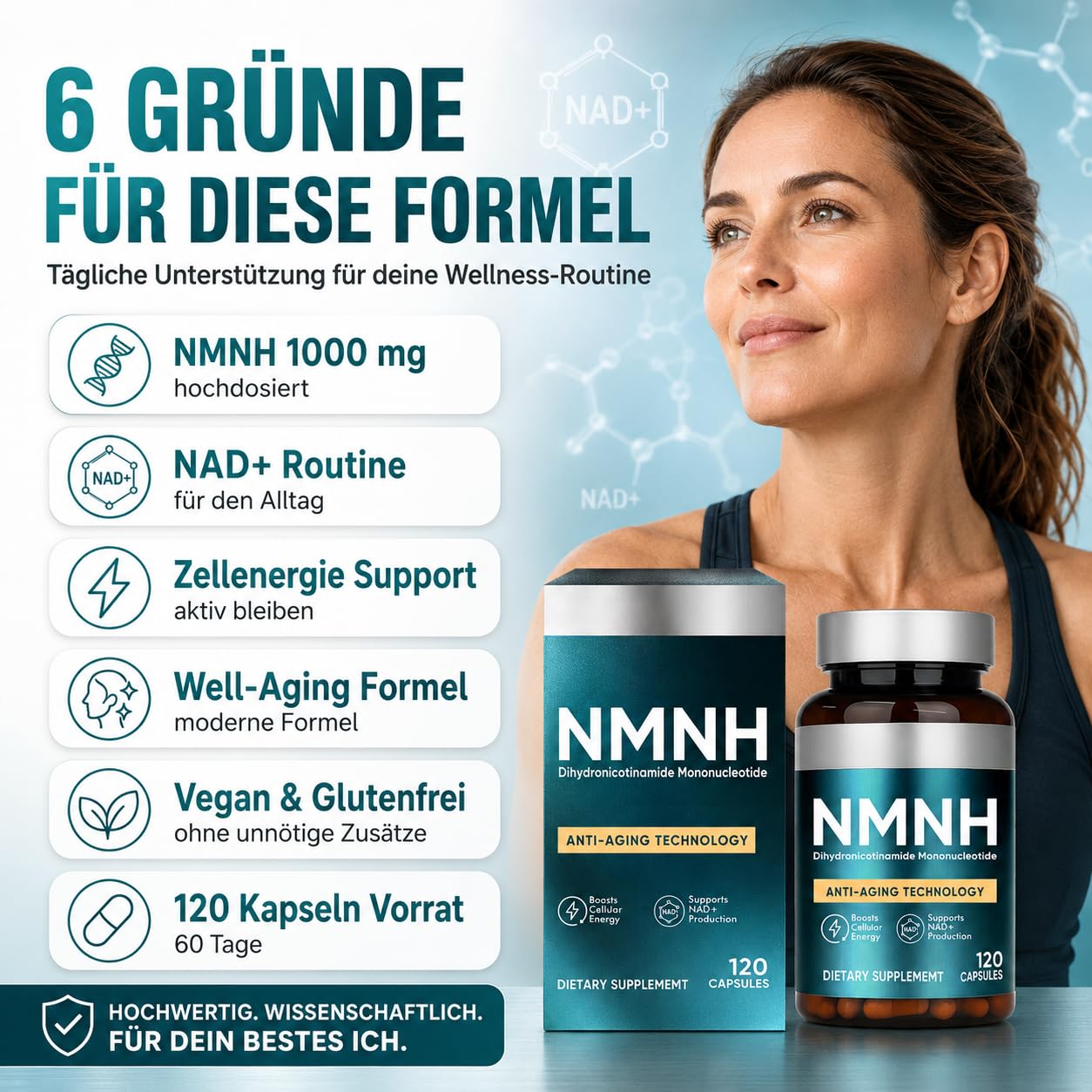 NMNH Kapseln 120pcs, Zur Steigerung Des NAD+-Spiegels, NMNH Supplement | Anti-Aging & Konzentration, Zellenergie Und Vitalität, Vegan & Ohne Zusätze