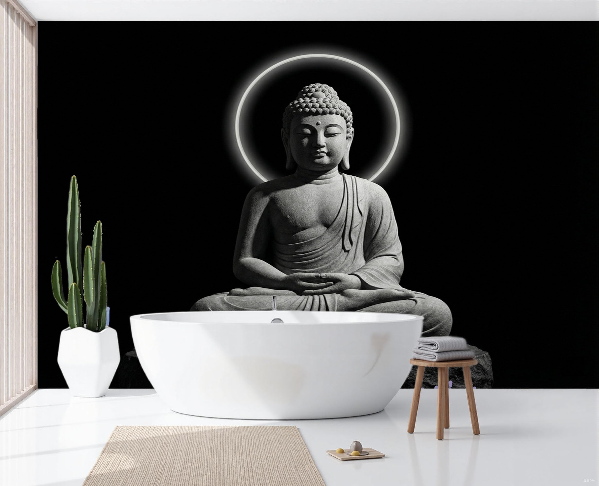 Carta Da Parati Fotografica Statua Minimalista Pietra Meditazione Panorama Piante Nero, Tranquillo Paesaggio Zen Carta Per Pareti Soggiorno Camera Da Letto Fotomurali In Tessuto Non Tessuto, 350X256Cm