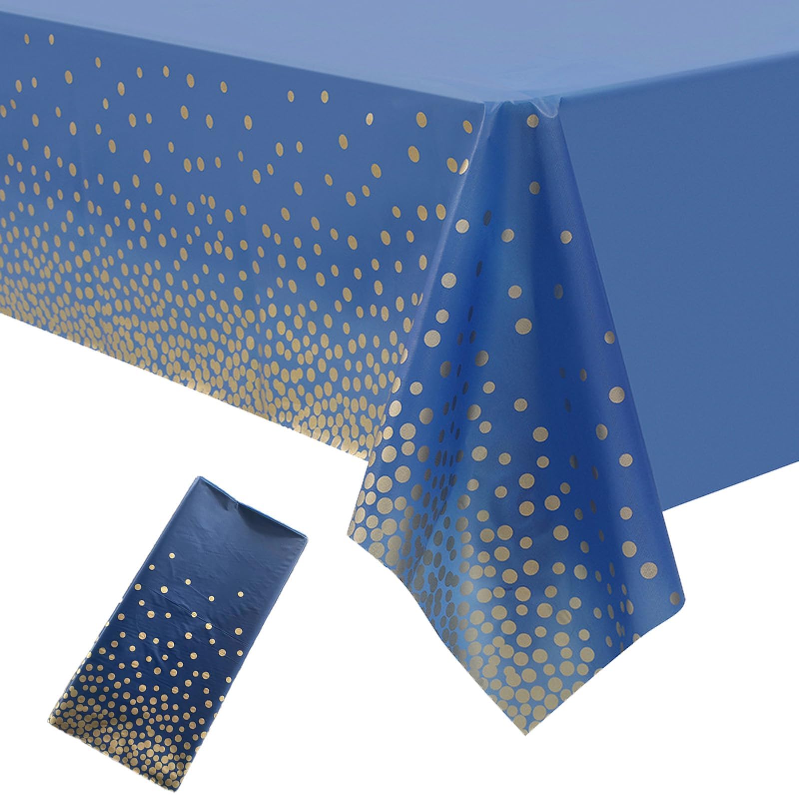 HUANYO 2 Pack Party Tablecloth for Rectangle Table, Gold Glitter Polka Dot Rectangular Table Cover, for Birthday Party, Wedding, Baby Shower, Bridal Shower, Christmas, 137 x 274cm (Blue Gold)