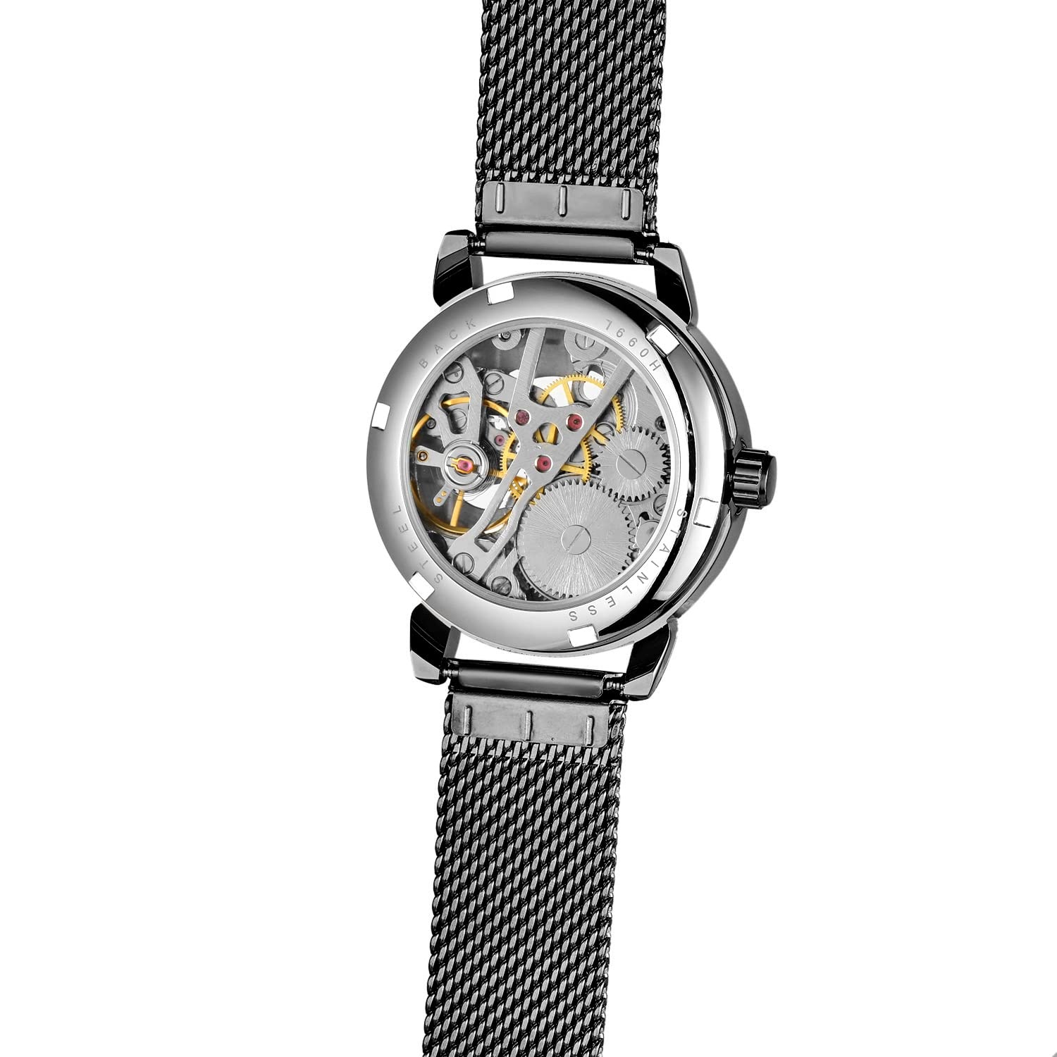 Gosasa Orologio da polso da donna con scheletro, alla moda, meccanico, a carica manuale, cinturino in rete, numeri romani, casual, orologio da polso