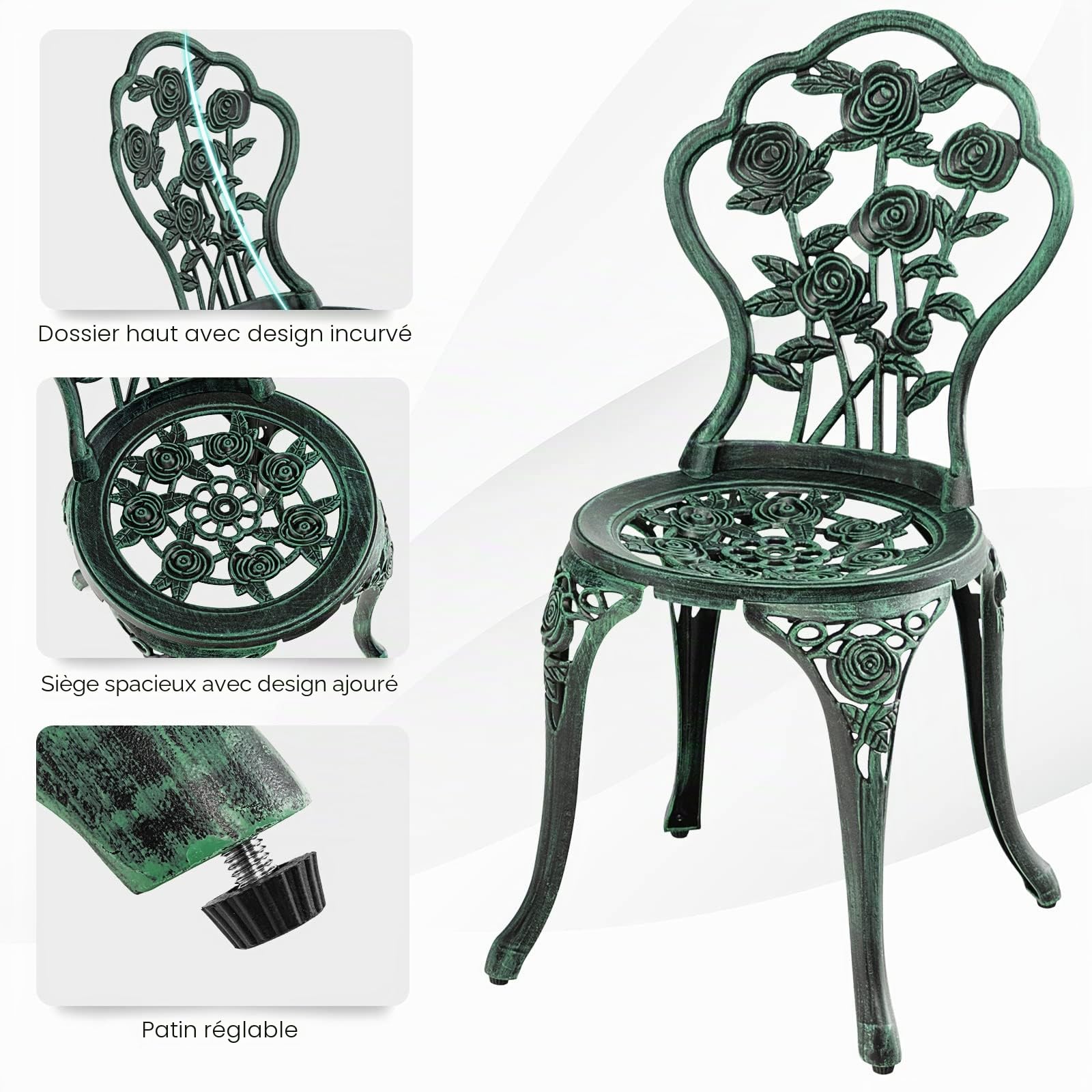 Salon de Jardin 2 Personnes Fonte Aluminium Table Extérieure avec 2 Chaises Trou Parasol Motif Rose Vert
